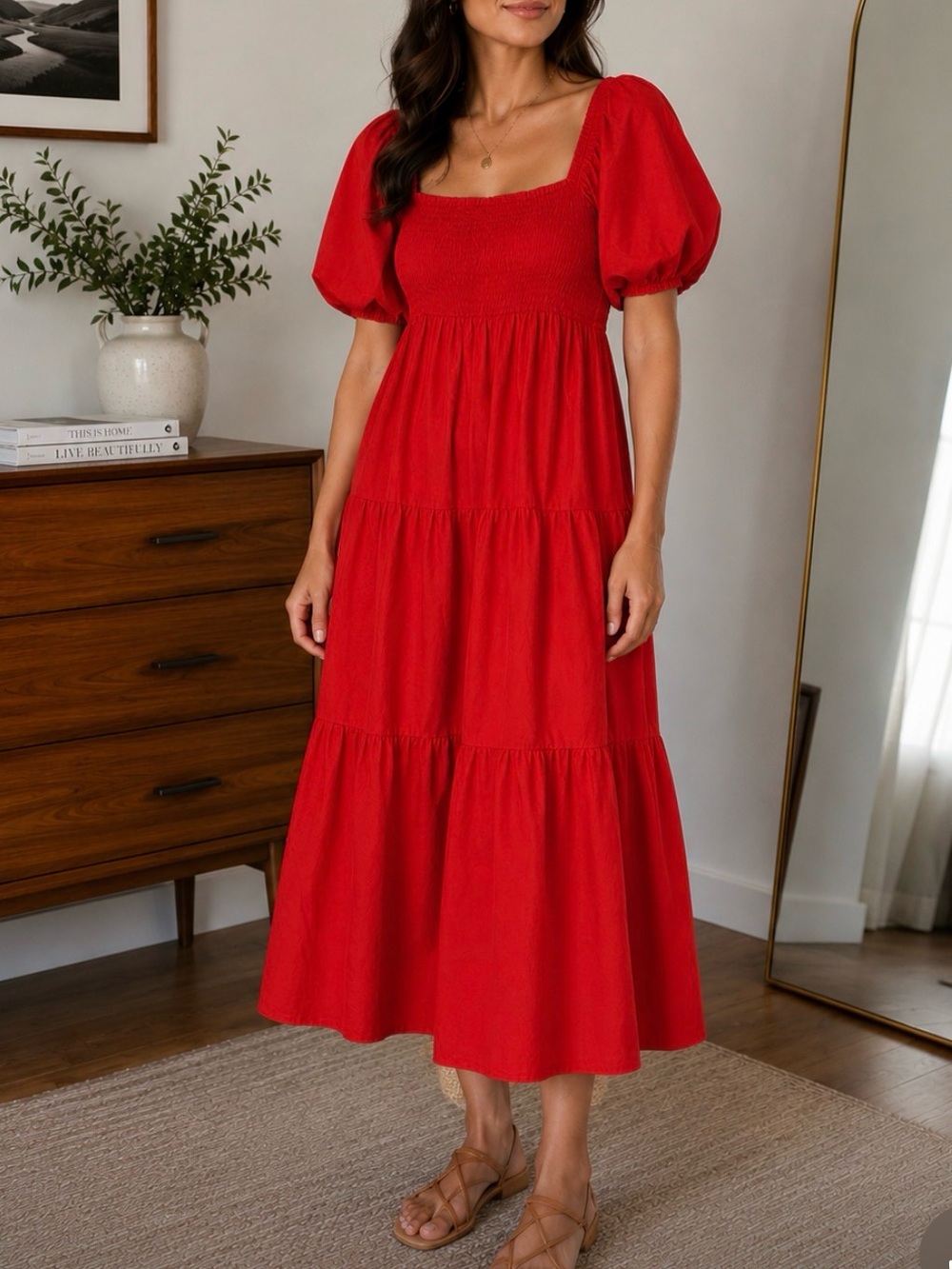 Meadow Rhodes Red Cotton Puff Sleeve Midi Dress Large NWT